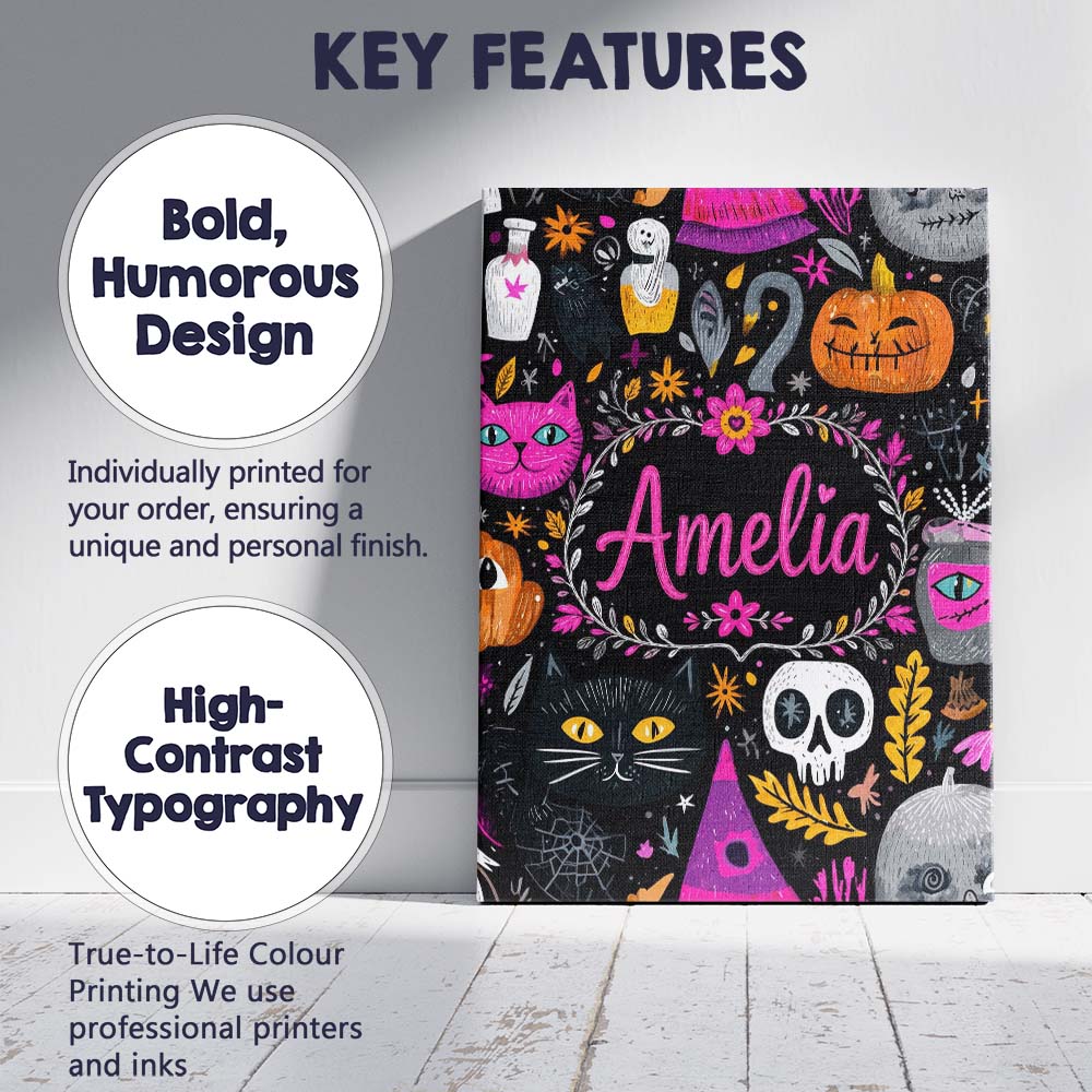 Personalised Name Cute Halloween Cat Swan Custom  Unique Gift Idea Elegant Feature Canvas Wall Art Print Decor Picture Ready to Hang