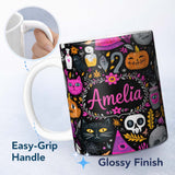 Personalized Custom Name Cute Halloween Cat Swan Pumpkin Magic Seamless Pattern Name Unique 11oz Ceramic Coffee Tea Mug White Large Handle