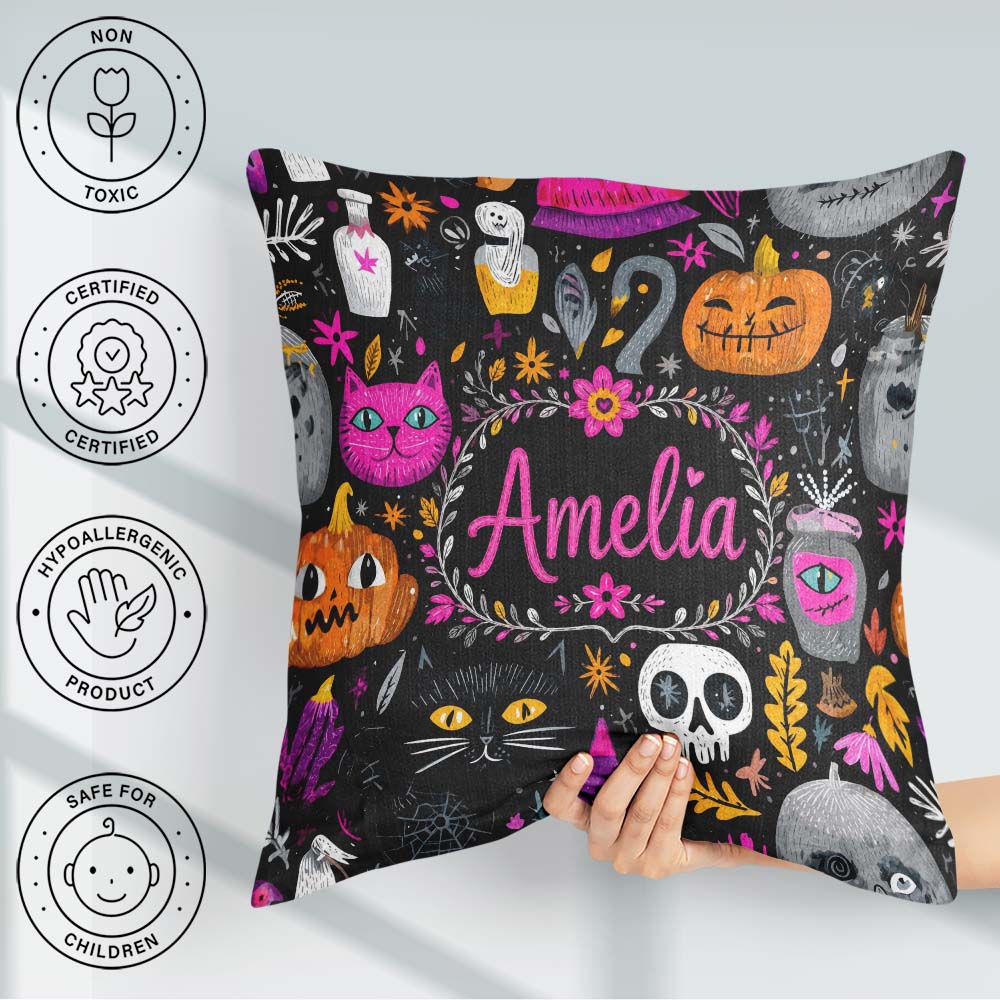 Custom Name Cute Halloween Cat Swan Pumpkin Magic Seamless Name Square Filled Cushion Throw Pillow Sofa Bed Home Decor Zip Washable UK Made