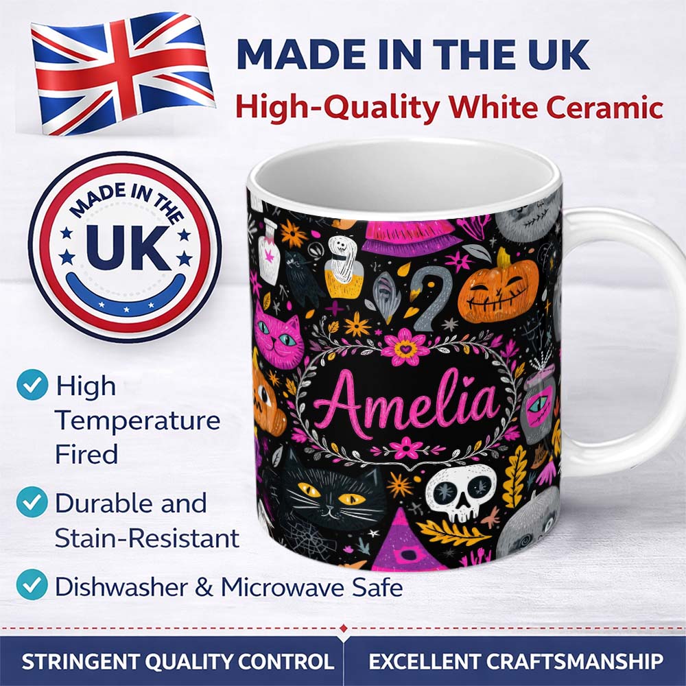 Personalized Custom Name Cute Halloween Cat Swan Pumpkin Magic Seamless Pattern Name Unique 11oz Ceramic Coffee Tea Mug White Large Handle