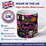 Personalized Custom Name Cute Halloween Cat Swan Pumpkin Magic Seamless Pattern Name Unique 11oz Ceramic Coffee Tea Mug White Large Handle