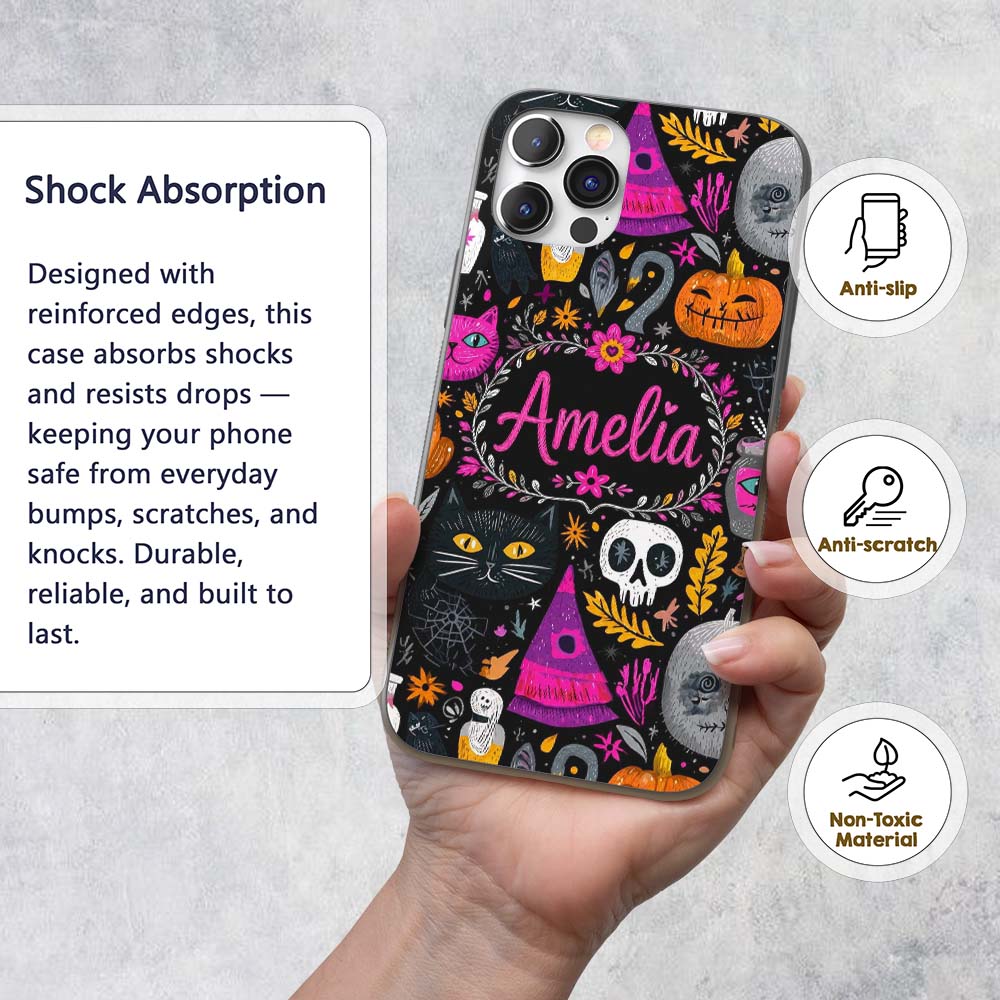 Cute Halloween Cat Swan Pumpkin Magic Seamless Custom Name Protective Phone Case Mobile Cover Durable Everyday Smartphone Shock Resistant