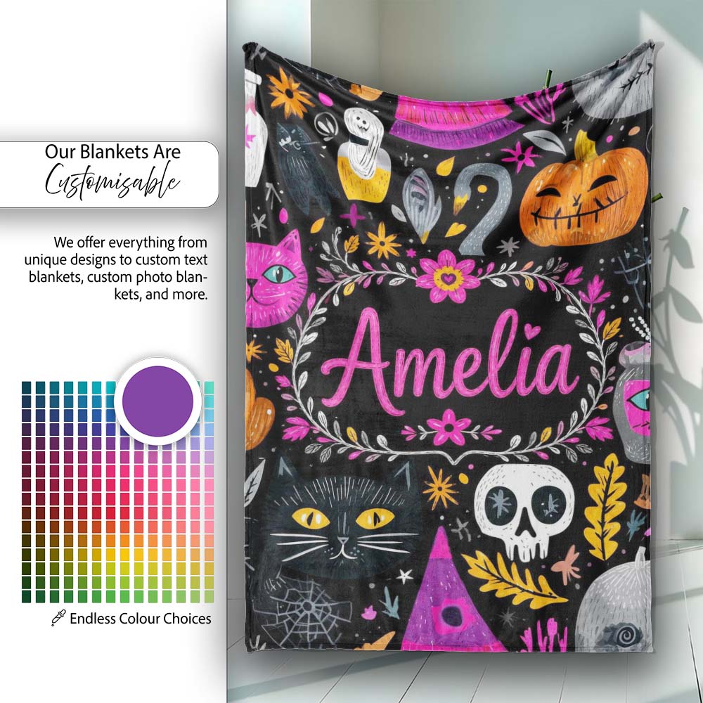 Cute Halloween Cat Swan Pumpkin Magic Seamless Pattern Name Unique  Personalised Custom Name Super Soft Fleece Blanket Bed Sofa Throw