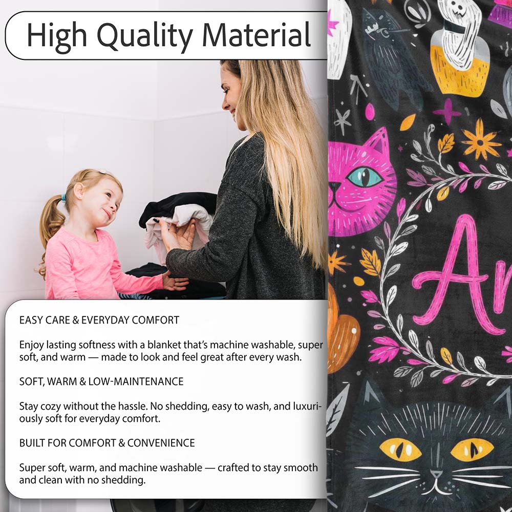 Cute Halloween Cat Swan Pumpkin Magic Seamless Pattern Name Unique  Personalised Custom Name Super Soft Fleece Blanket Bed Sofa Throw