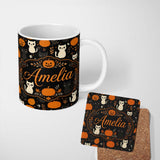 Personalized Custom Name Cute Halloween Cats Pumpkins Ghosts Seamless Pattern Name Unique 11oz Ceramic Coffee Tea Mug White Large Handle