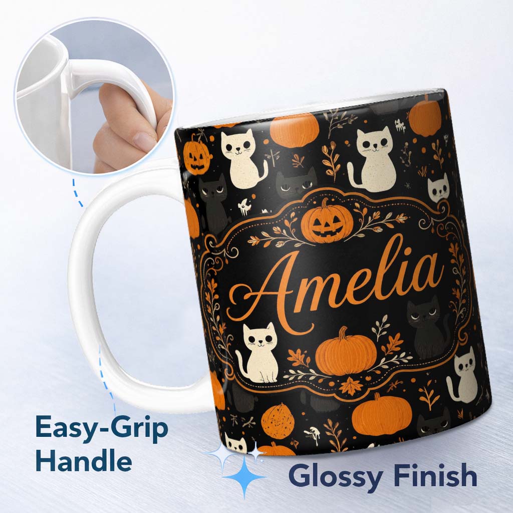Personalized Custom Name Cute Halloween Cats Pumpkins Ghosts Seamless Pattern Name Unique 11oz Ceramic Coffee Tea Mug White Large Handle