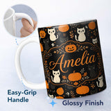 Personalized Custom Name Cute Halloween Cats Pumpkins Ghosts Seamless Pattern Name Unique 11oz Ceramic Coffee Tea Mug White Large Handle