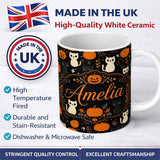 Personalized Custom Name Cute Halloween Cats Pumpkins Ghosts Seamless Pattern Name Unique 11oz Ceramic Coffee Tea Mug White Large Handle
