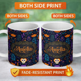 Personalized Custom Name Mystic Floral Skull Dark Garden Seamless Pattern Name Cute Unique 11oz Ceramic Coffee Tea Mug White Large Handle