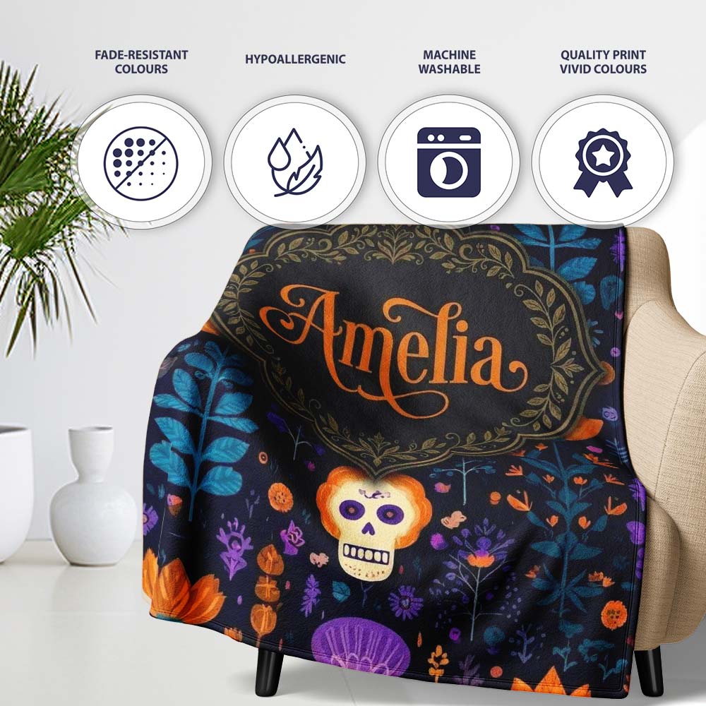 Mystic Floral Skull Dark Garden Seamless Pattern Name Cute Unique  Personalised Custom Name Super Soft Fleece Blanket Bed Sofa Throw