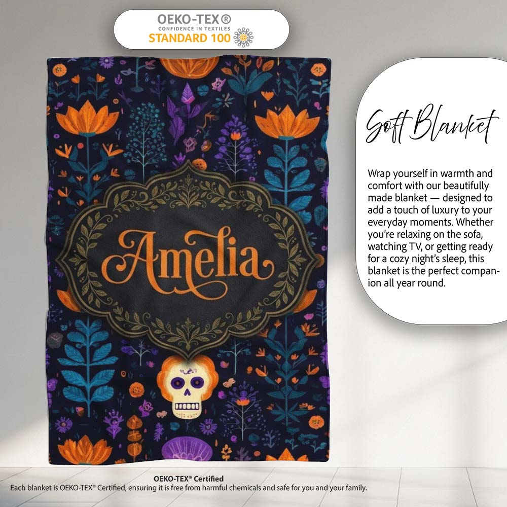 Mystic Floral Skull Dark Garden Seamless Pattern Name Cute Unique  Personalised Custom Name Super Soft Fleece Blanket Bed Sofa Throw