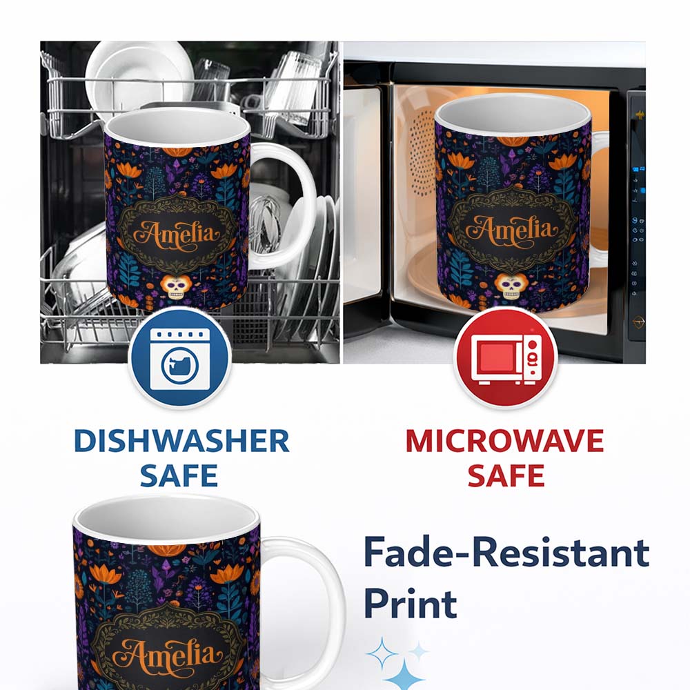 Personalized Custom Name Mystic Floral Skull Dark Garden Seamless Pattern Name Cute Unique 11oz Ceramic Coffee Tea Mug White Large Handle