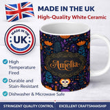 Personalized Custom Name Mystic Floral Skull Dark Garden Seamless Pattern Name Cute Unique 11oz Ceramic Coffee Tea Mug White Large Handle