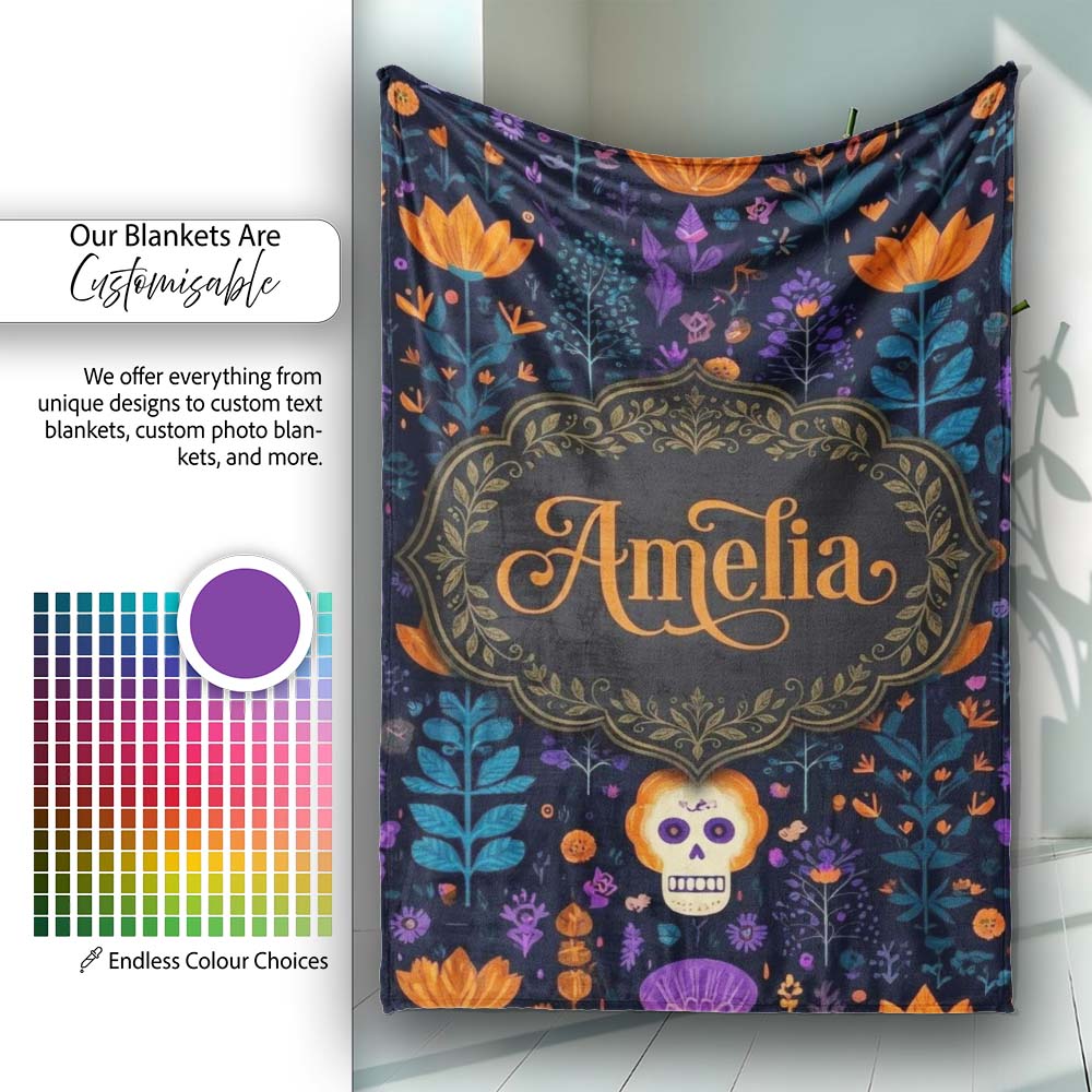 Mystic Floral Skull Dark Garden Seamless Pattern Name Cute Unique  Personalised Custom Name Super Soft Fleece Blanket Bed Sofa Throw