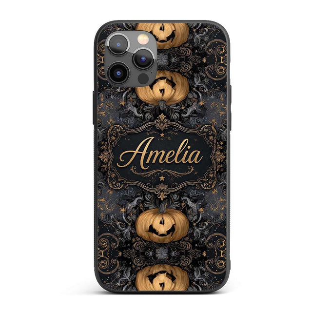 Elegant Gothic Pumpkin Ornate Seamless Pattern Custom Name Protective Phone Case Mobile Cover Durable Everyday Smartphone Shock Resistant