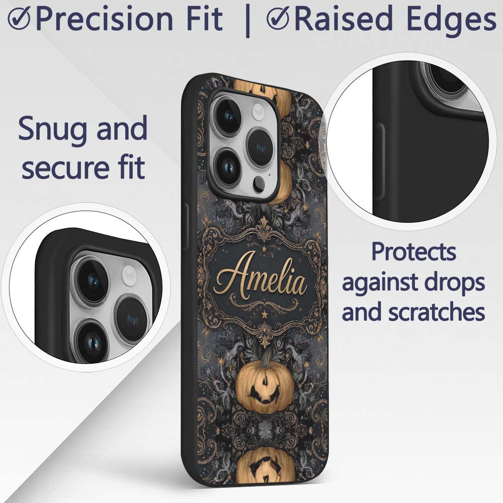 Elegant Gothic Pumpkin Ornate Seamless Pattern Custom Name Protective Phone Case Mobile Cover Durable Everyday Smartphone Shock Resistant