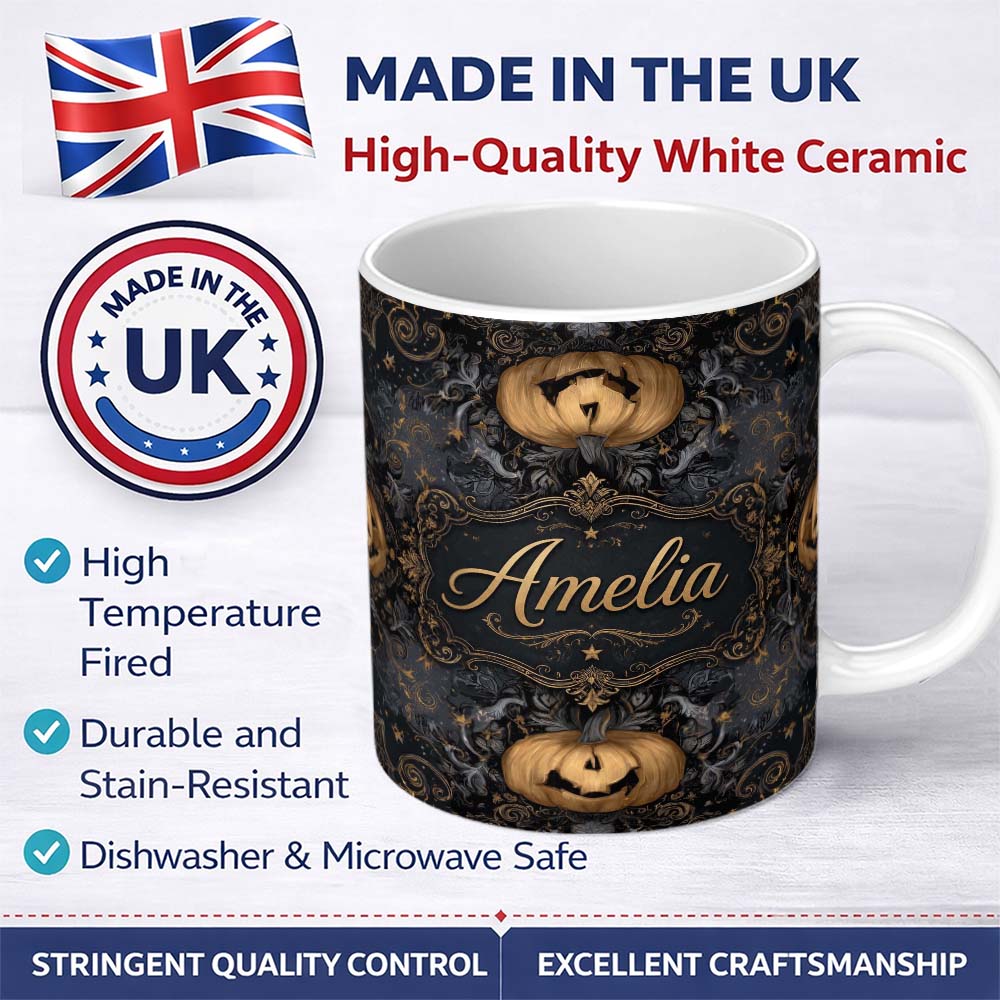 Personalized Custom Name Elegant Gothic Pumpkin Ornate Seamless Pattern Name Cute Unique Gift 11oz Ceramic Coffee Tea Mug White Large Handle