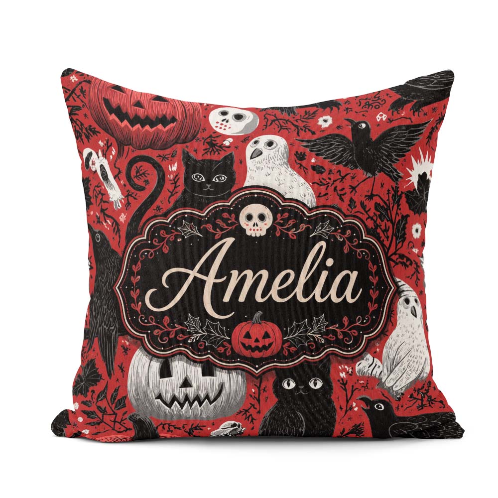 Custom Name Halloween Cat Owl Pumpkin Background Seamless Custom Square Filled Cushion Throw Pillow Sofa Bed Home Decor Zip Washable UK Made