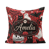 Custom Name Halloween Cat Owl Pumpkin Background Seamless Custom Square Filled Cushion Throw Pillow Sofa Bed Home Decor Zip Washable UK Made