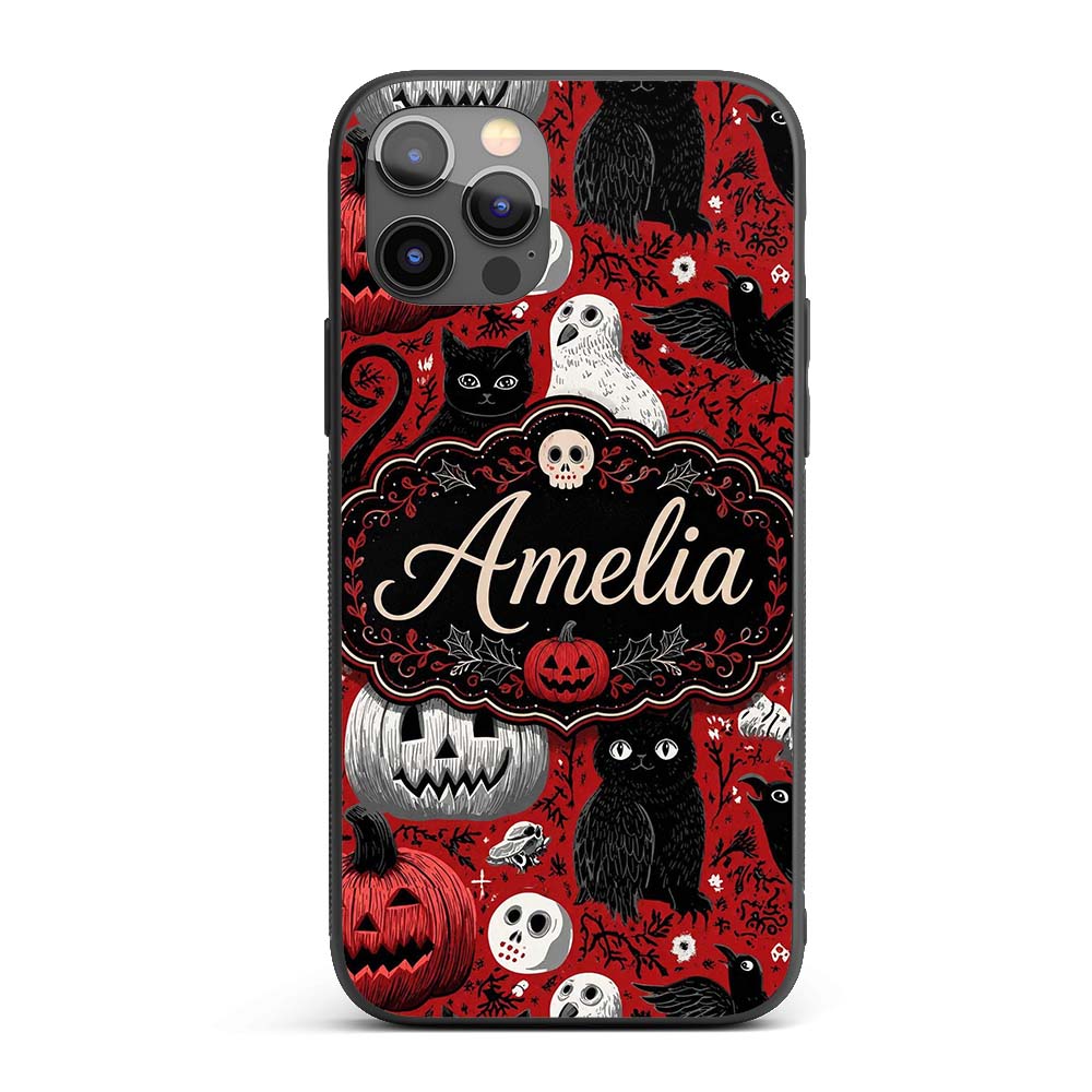 Halloween Cat Owl Pumpkin Red Background Seamless Custom Name Protective Phone Case Mobile Cover Durable Everyday Smartphone Shock Resistant