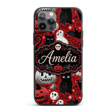 Halloween Cat Owl Pumpkin Red Background Seamless Custom Name Protective Phone Case Mobile Cover Durable Everyday Smartphone Shock Resistant