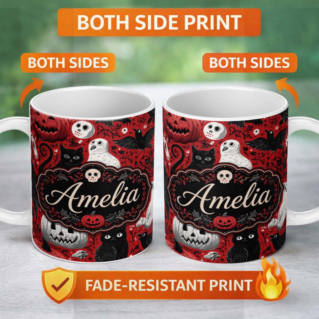 Personalized Custom Name Halloween Cat Owl Pumpkin Red Background Seamless Pattern Custom 11oz Ceramic Coffee Tea Mug White Large Handle