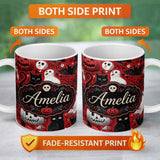 Personalized Custom Name Halloween Cat Owl Pumpkin Red Background Seamless Pattern Custom 11oz Ceramic Coffee Tea Mug White Large Handle
