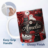Personalized Custom Name Halloween Cat Owl Pumpkin Red Background Seamless Pattern Custom 11oz Ceramic Coffee Tea Mug White Large Handle