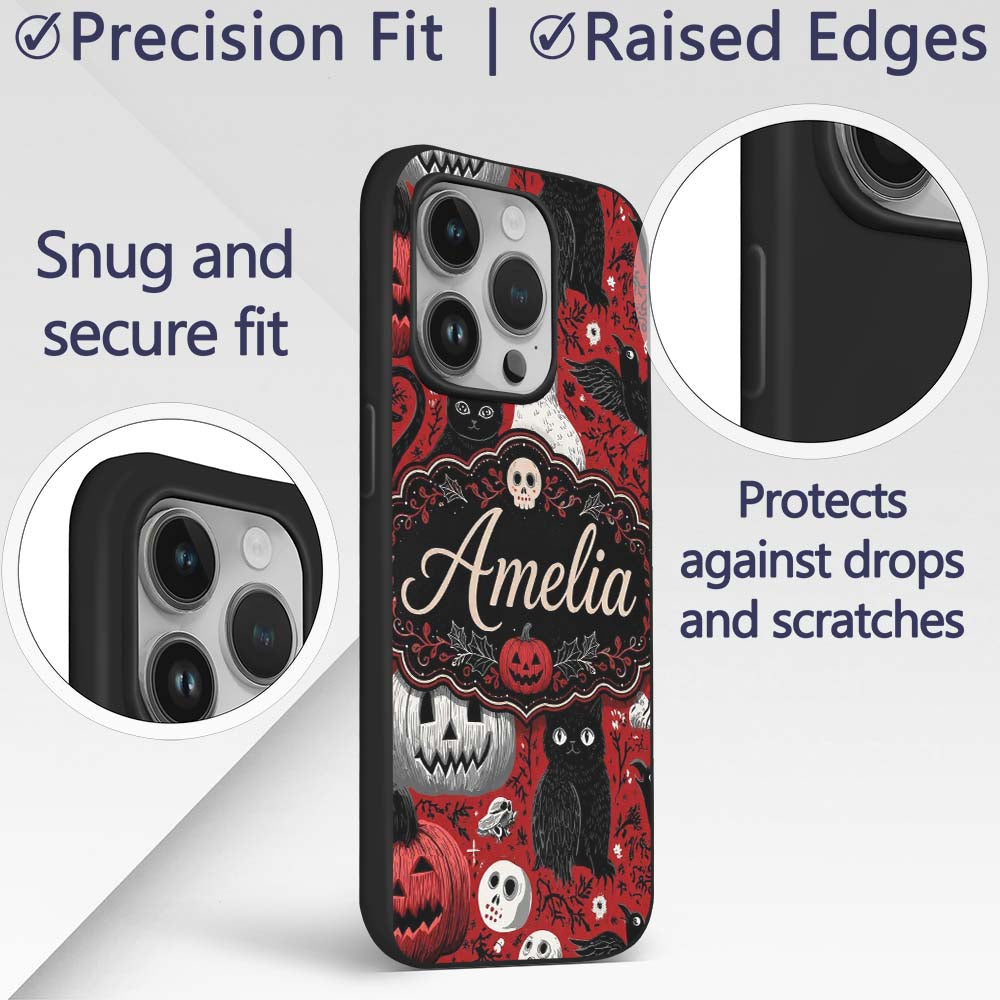 Halloween Cat Owl Pumpkin Red Background Seamless Custom Name Protective Phone Case Mobile Cover Durable Everyday Smartphone Shock Resistant