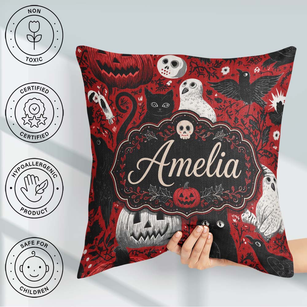 Custom Name Halloween Cat Owl Pumpkin Background Seamless Custom Square Filled Cushion Throw Pillow Sofa Bed Home Decor Zip Washable UK Made