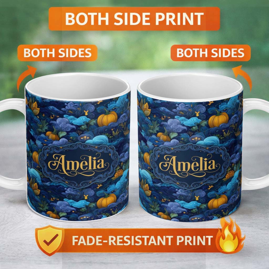 Personalized Custom Name Abstract Blue Pumpkin Fantasy Landscape Seamless Pattern Name Cute 11oz Ceramic Coffee Tea Mug White Large Handle