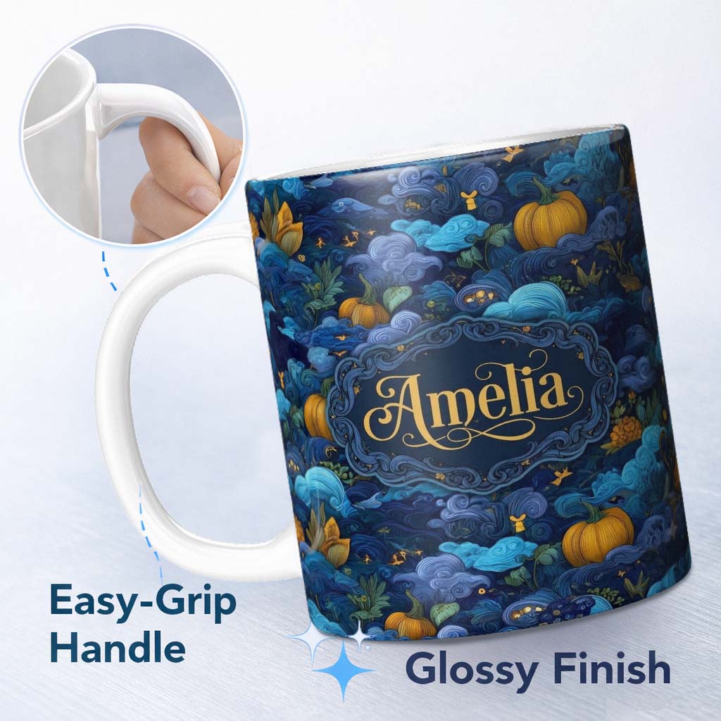 Personalized Custom Name Abstract Blue Pumpkin Fantasy Landscape Seamless Pattern Name Cute 11oz Ceramic Coffee Tea Mug White Large Handle