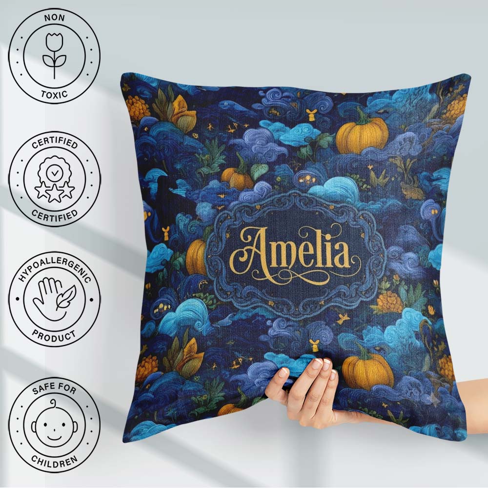 Custom Name Abstract Blue Pumpkin Fantasy Landscape Pattern Name Square Filled Cushion Throw Pillow Sofa Bed Home Decor Zip Washable UK Made