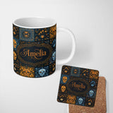 Personalized Custom Name Vintage Skull Floral Patchwork Seamless Pattern Name Cute Unique 11oz Ceramic Coffee Tea Mug White Large Handle