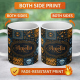 Personalized Custom Name Vintage Skull Floral Patchwork Seamless Pattern Name Cute Unique 11oz Ceramic Coffee Tea Mug White Large Handle