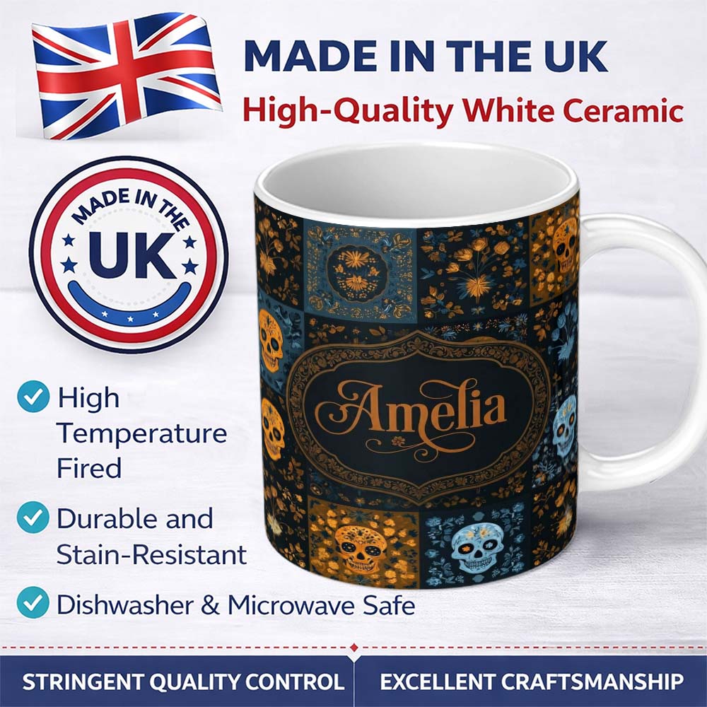 Personalized Custom Name Vintage Skull Floral Patchwork Seamless Pattern Name Cute Unique 11oz Ceramic Coffee Tea Mug White Large Handle