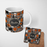 Personalized Custom Name Cute Halloween Ghost Pumpkin Witch Seamless Pattern Name Unique Gift 11oz Ceramic Coffee Tea Mug White Large Handle