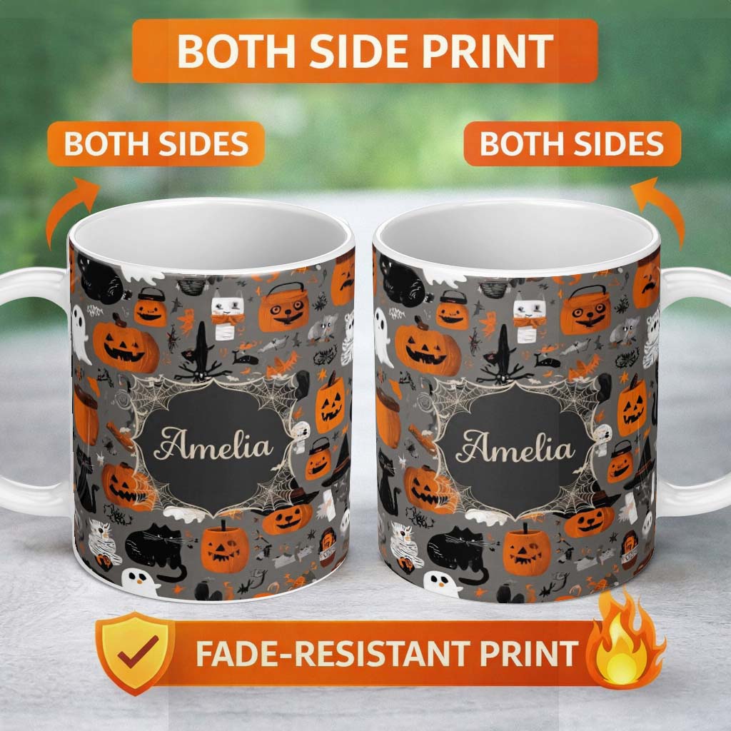 Personalized Custom Name Cute Halloween Ghost Pumpkin Witch Seamless Pattern Name Unique Gift 11oz Ceramic Coffee Tea Mug White Large Handle