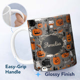 Personalized Custom Name Cute Halloween Ghost Pumpkin Witch Seamless Pattern Name Unique Gift 11oz Ceramic Coffee Tea Mug White Large Handle