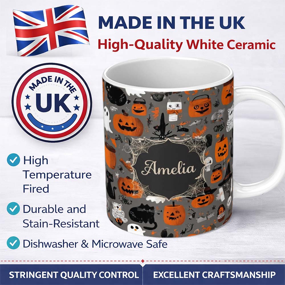 Personalized Custom Name Cute Halloween Ghost Pumpkin Witch Seamless Pattern Name Unique Gift 11oz Ceramic Coffee Tea Mug White Large Handle