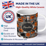 Personalized Custom Name Cute Halloween Ghost Pumpkin Witch Seamless Pattern Name Unique Gift 11oz Ceramic Coffee Tea Mug White Large Handle