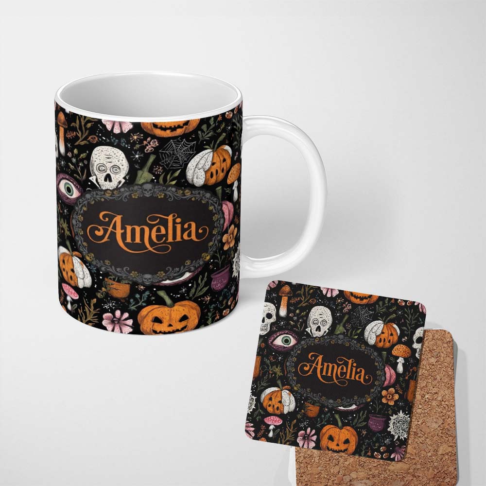 Personalized Custom Name Spooky Skull Eye Pumpkin Witchcraft Seamless Pattern Name Cute 11oz Ceramic Coffee Tea Mug White Large Handle