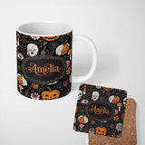 Personalized Custom Name Spooky Skull Eye Pumpkin Witchcraft Seamless Pattern Name Cute 11oz Ceramic Coffee Tea Mug White Large Handle