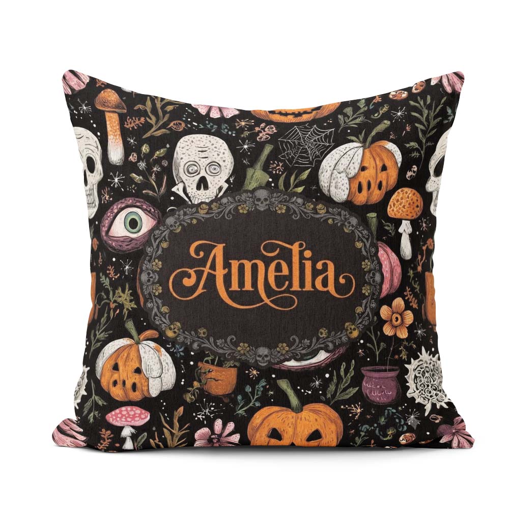 Custom Name Spooky Skull Eye Pumpkin Seamless Pattern Name Cute Square Filled Cushion Throw Pillow Sofa Bed Home Decor Zip Washable UK Made
