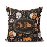 Custom Name Spooky Skull Eye Pumpkin Seamless Pattern Name Cute Square Filled Cushion Throw Pillow Sofa Bed Home Decor Zip Washable UK Made