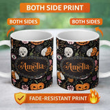 Personalized Custom Name Spooky Skull Eye Pumpkin Witchcraft Seamless Pattern Name Cute 11oz Ceramic Coffee Tea Mug White Large Handle