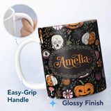 Personalized Custom Name Spooky Skull Eye Pumpkin Witchcraft Seamless Pattern Name Cute 11oz Ceramic Coffee Tea Mug White Large Handle
