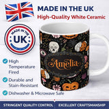 Personalized Custom Name Spooky Skull Eye Pumpkin Witchcraft Seamless Pattern Name Cute 11oz Ceramic Coffee Tea Mug White Large Handle