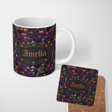 Personalized Custom Name Spooky Haunted Houses Pumpkins Bats Night Seamless Pattern Name Cute 11oz Ceramic Coffee Tea Mug White Large Handle