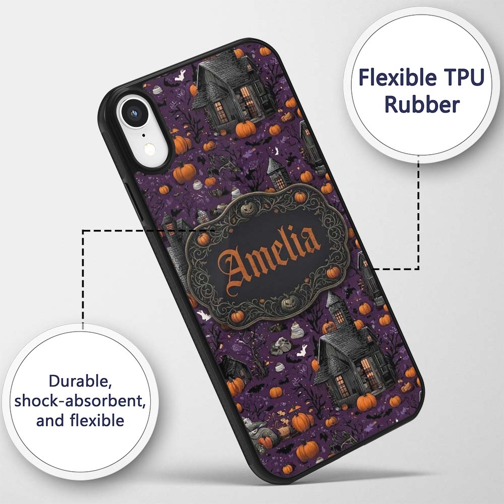 Spooky Haunted Houses Pumpkins Printed Design Custom Name Protective Phone Case Mobile Cover Durable Everyday Smartphone Shock Resistant